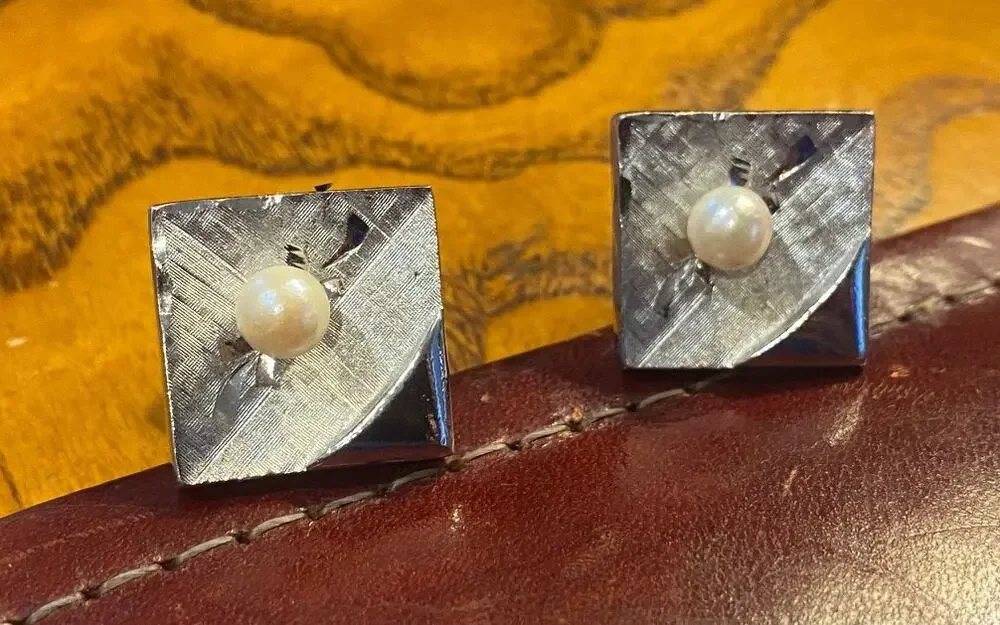 VTG Silver Tone and Faux Pearl Cufflinks